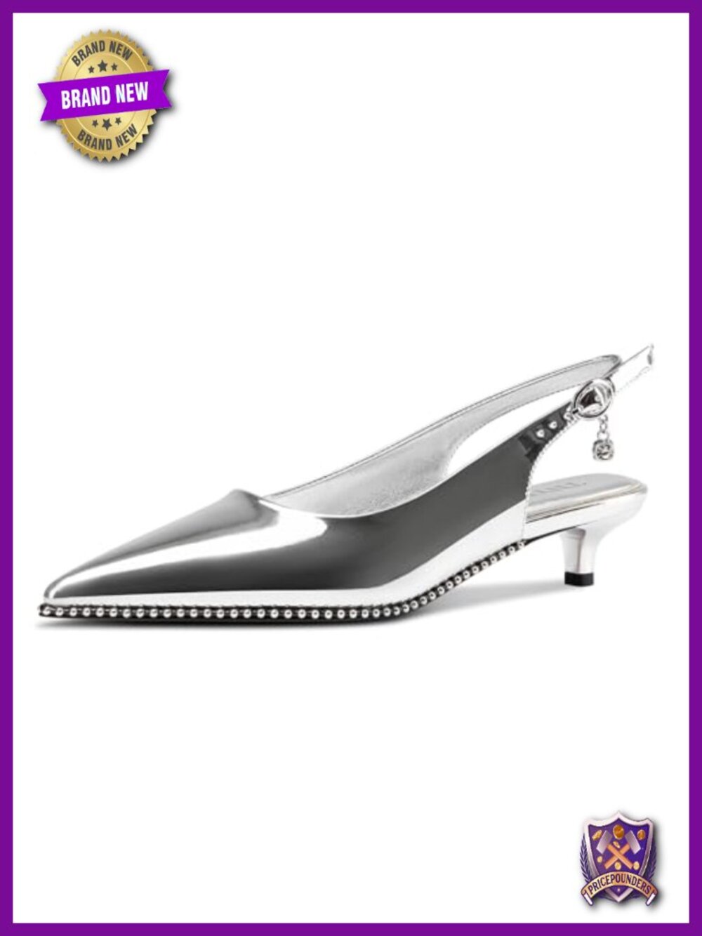 Low Kitten Heel Pointed Toe Slingback Pumps Patent Leather Beaded Buckle Prom